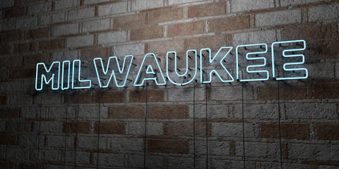 MILWAUKEE - Glowing Neon Sign on stonework wall - 3D rendered royalty free stock illustration.  Can be used for online banner ads and direct mailers.. - obrazy, fototapety, plakaty