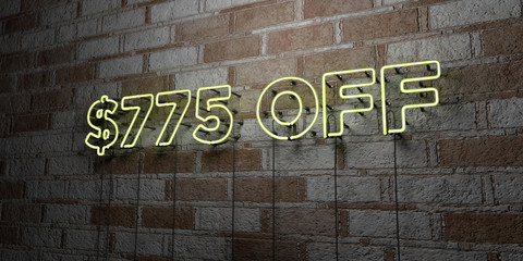 Fototapeta na wymiar $775 OFF - Glowing Neon Sign on stonework wall - 3D rendered royalty free stock illustration. Can be used for online banner ads and direct mailers..