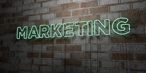 MARKETING - Glowing Neon Sign on stonework wall - 3D rendered royalty free stock illustration.  Can be used for online banner ads and direct mailers..
