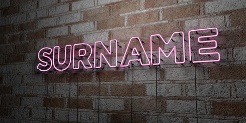 SURNAME - Glowing Neon Sign on stonework wall - 3D rendered royalty free stock illustration.  Can be used for online banner ads and direct mailers..