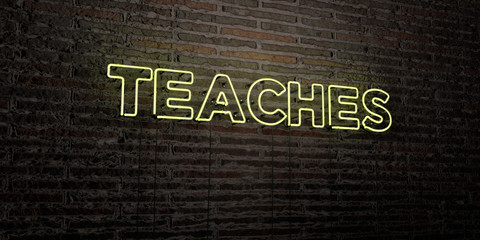 TEACHES -Realistic Neon Sign on Brick Wall background - 3D rendered royalty free stock image. Can be used for online banner ads and direct mailers..