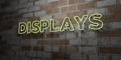 DISPLAYS - Glowing Neon Sign on stonework wall - 3D rendered royalty free stock illustration.  Can be used for online banner ads and direct mailers..