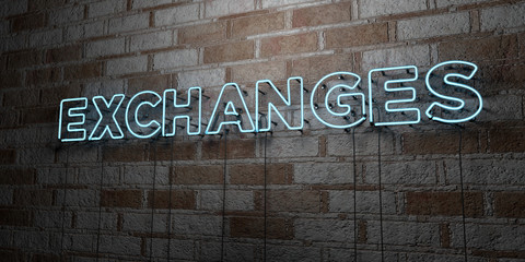 EXCHANGES - Glowing Neon Sign on stonework wall - 3D rendered royalty free stock illustration.  Can be used for online banner ads and direct mailers..