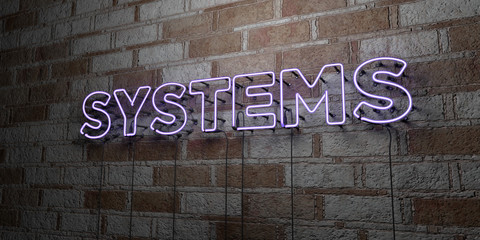 SYSTEMS - Glowing Neon Sign on stonework wall - 3D rendered royalty free stock illustration.  Can be used for online banner ads and direct mailers..