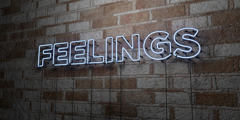 FEELINGS - Glowing Neon Sign on stonework wall - 3D rendered royalty free stock illustration.  Can be used for online banner ads and direct mailers..