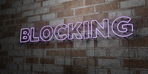 BLOCKING - Glowing Neon Sign on stonework wall - 3D rendered royalty free stock illustration.  Can be used for online banner ads and direct mailers..