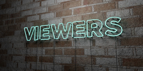 Naklejka premium VIEWERS - Glowing Neon Sign on stonework wall - 3D rendered royalty free stock illustration. Can be used for online banner ads and direct mailers..