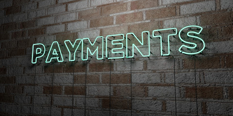 PAYMENTS - Glowing Neon Sign on stonework wall - 3D rendered royalty free stock illustration.  Can be used for online banner ads and direct mailers..
