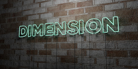 Fototapeta na wymiar DIMENSION - Glowing Neon Sign on stonework wall - 3D rendered royalty free stock illustration. Can be used for online banner ads and direct mailers..