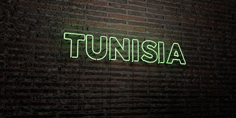 TUNISIA -Realistic Neon Sign on Brick Wall background - 3D rendered royalty free stock image. Can be used for online banner ads and direct mailers..