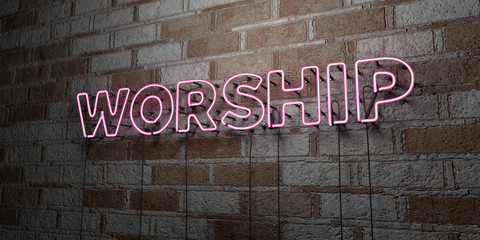 WORSHIP - Glowing Neon Sign on stonework wall - 3D rendered royalty free stock illustration.  Can be used for online banner ads and direct mailers..