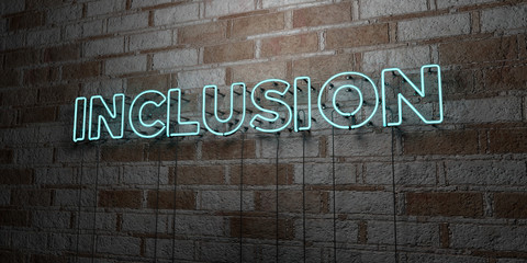 INCLUSION - Glowing Neon Sign on stonework wall - 3D rendered royalty free stock illustration.  Can be used for online banner ads and direct mailers..