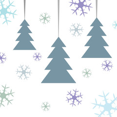Postcard for Marry Christmas. Black abstract fir tree with colored snowflakes on white background. Vector illustration