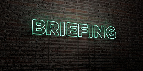 BRIEFING -Realistic Neon Sign on Brick Wall background - 3D rendered royalty free stock image. Can be used for online banner ads and direct mailers..