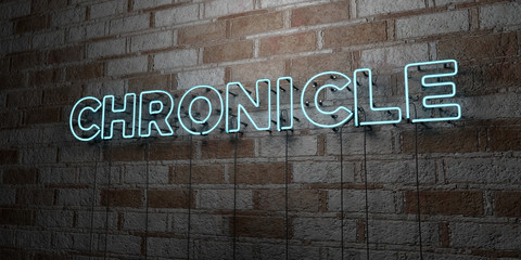 Fototapeta na wymiar CHRONICLE - Glowing Neon Sign on stonework wall - 3D rendered royalty free stock illustration. Can be used for online banner ads and direct mailers..