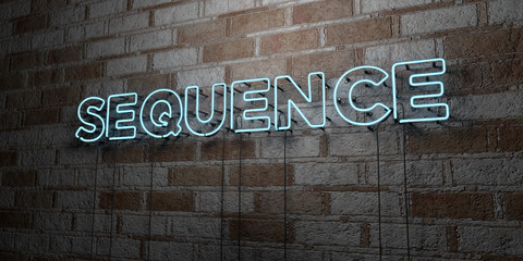 SEQUENCE - Glowing Neon Sign on stonework wall - 3D rendered royalty free stock illustration.  Can be used for online banner ads and direct mailers..