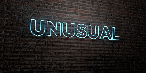 UNUSUAL -Realistic Neon Sign on Brick Wall background - 3D rendered royalty free stock image. Can be used for online banner ads and direct mailers..