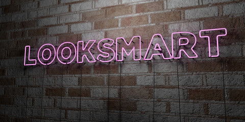 LOOKSMART - Glowing Neon Sign on stonework wall - 3D rendered royalty free stock illustration.  Can be used for online banner ads and direct mailers..