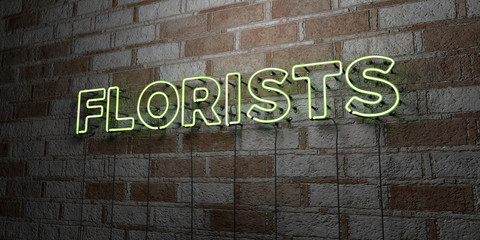 FLORISTS - Glowing Neon Sign on stonework wall - 3D rendered royalty free stock illustration.  Can be used for online banner ads and direct mailers..