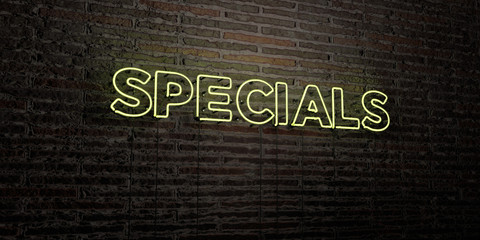SPECIALS -Realistic Neon Sign on Brick Wall background - 3D rendered royalty free stock image. Can be used for online banner ads and direct mailers..