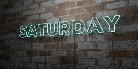 SATURDAY - Glowing Neon Sign on stonework wall - 3D rendered royalty free stock illustration.  Can be used for online banner ads and direct mailers..