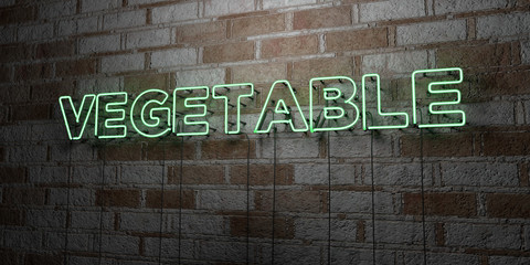 VEGETABLE - Glowing Neon Sign on stonework wall - 3D rendered royalty free stock illustration.  Can be used for online banner ads and direct mailers..