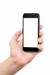 Male hand holding black cellphone isolated at white background.