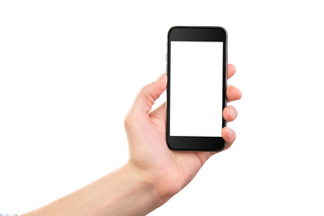 Male hand holding black cellphone isolated at white background.