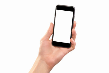 Male hand holding black cellphone isolated at white background.