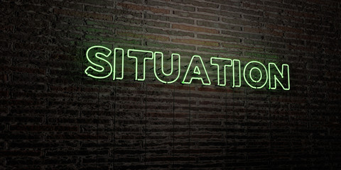 SITUATION -Realistic Neon Sign on Brick Wall background - 3D rendered royalty free stock image. Can be used for online banner ads and direct mailers..