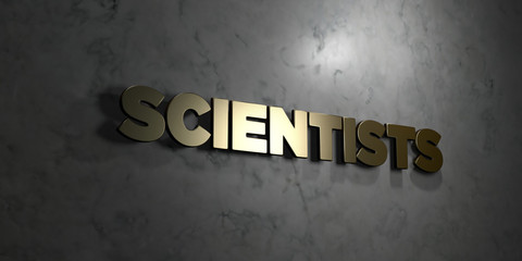 Scientists - Gold text on black background - 3D rendered royalty free stock picture. This image can be used for an online website banner ad or a print postcard.