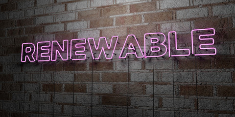 RENEWABLE - Glowing Neon Sign on stonework wall - 3D rendered royalty free stock illustration.  Can be used for online banner ads and direct mailers..