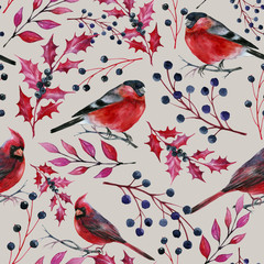 Watercolor seamless pattern with hand painted black and red Christmas elements.