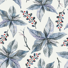 Watercolor seamless pattern with hand painted 
silver poinsettia.