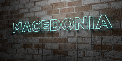 MACEDONIA - Glowing Neon Sign on stonework wall - 3D rendered royalty free stock illustration.  Can be used for online banner ads and direct mailers..