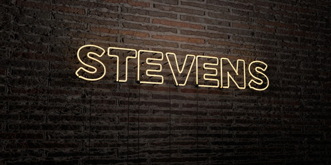 STEVENS -Realistic Neon Sign on Brick Wall background - 3D rendered royalty free stock image. Can be used for online banner ads and direct mailers..