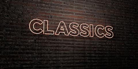 CLASSICS -Realistic Neon Sign on Brick Wall background - 3D rendered royalty free stock image. Can be used for online banner ads and direct mailers..