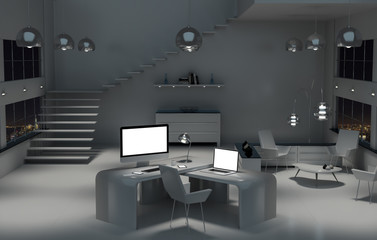 Modern dark desk office interior with computer and devices 3D re