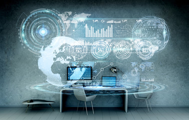Workplace with modern devices and hologram screens 3D rendering