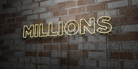 MILLIONS - Glowing Neon Sign on stonework wall - 3D rendered royalty free stock illustration.  Can be used for online banner ads and direct mailers..