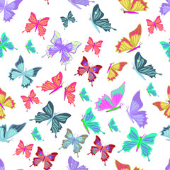 Seamless pattern lovely multicolored butterflies fly. 