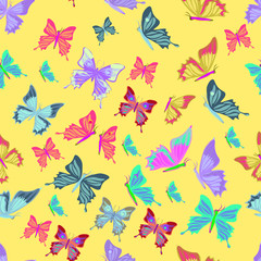 Seamless pattern lovely multicolored butterflies fly. 