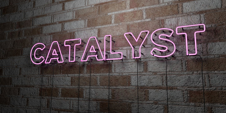 CATALYST - Glowing Neon Sign on stonework wall - 3D rendered royalty free stock illustration.  Can be used for online banner ads and direct mailers..