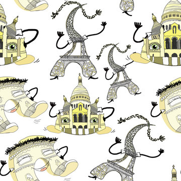 seamless pattern Arc de Triomphe, Cathedral, Eiffel Tower in Par