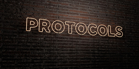 PROTOCOLS -Realistic Neon Sign on Brick Wall background - 3D rendered royalty free stock image. Can be used for online banner ads and direct mailers..
