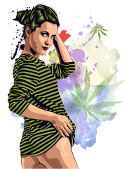 Woman naked legs smoke marijuana. Vector image. Strip t-shirt. Cannabis leafs. Watercolor and ink drops on background