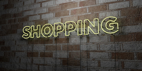 SHOPPING - Glowing Neon Sign on stonework wall - 3D rendered royalty free stock illustration.  Can be used for online banner ads and direct mailers..