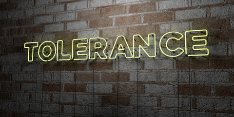 TOLERANCE - Glowing Neon Sign on stonework wall - 3D rendered royalty free stock illustration.  Can be used for online banner ads and direct mailers..