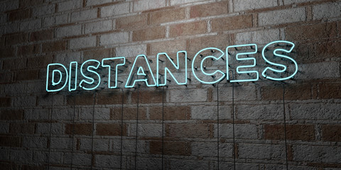 DISTANCES - Glowing Neon Sign on stonework wall - 3D rendered royalty free stock illustration.  Can be used for online banner ads and direct mailers..