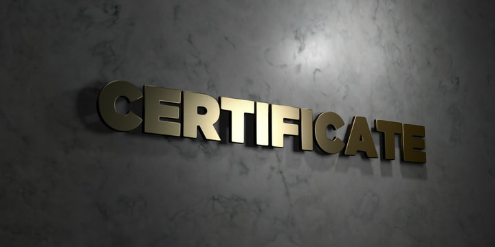 Certificate - Gold text on black background - 3D rendered royalty free stock picture. This image can be used for an online website banner ad or a print postcard.